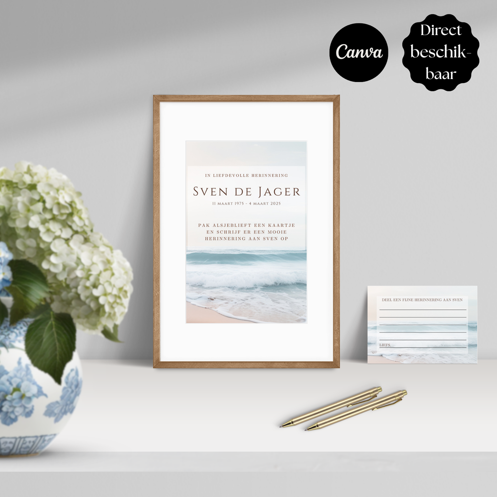 Canva template herinneringskaartjes uitvaart kustdesign