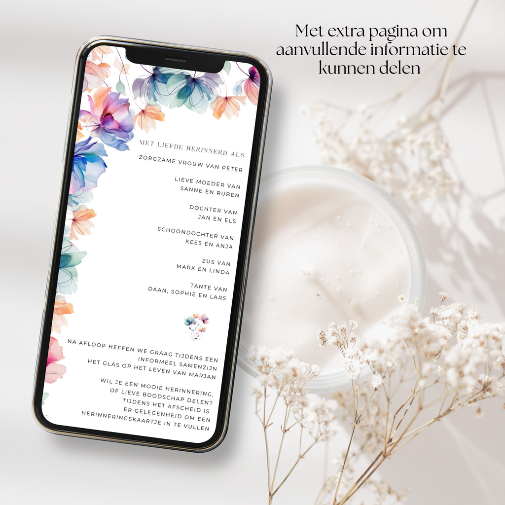 Persoonlijke digitale rouwkaart met bloemenontwerp