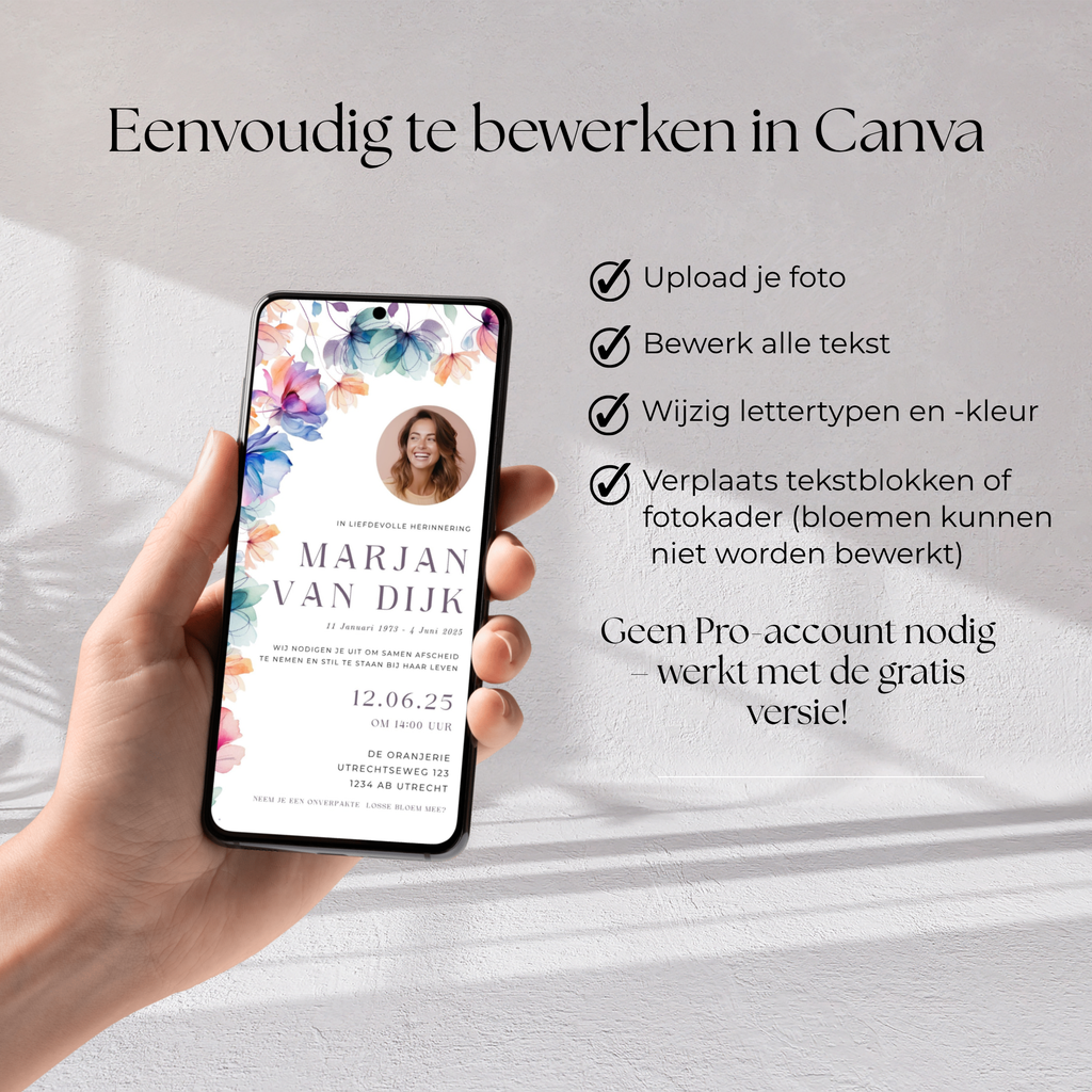 Bewerkbare digitale rouwkaart template in Canva