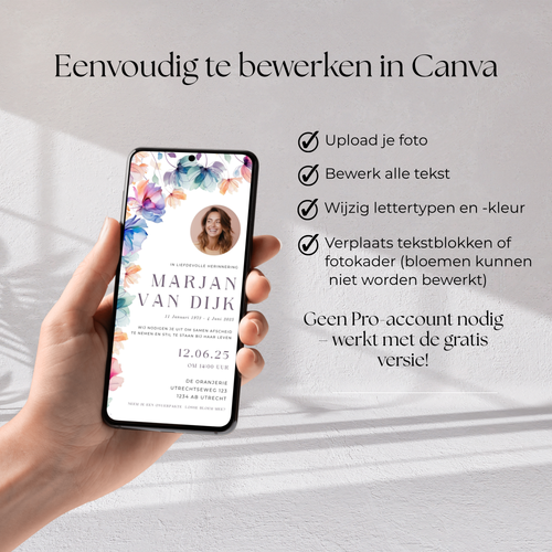 Bewerkbare digitale rouwkaart template in Canva