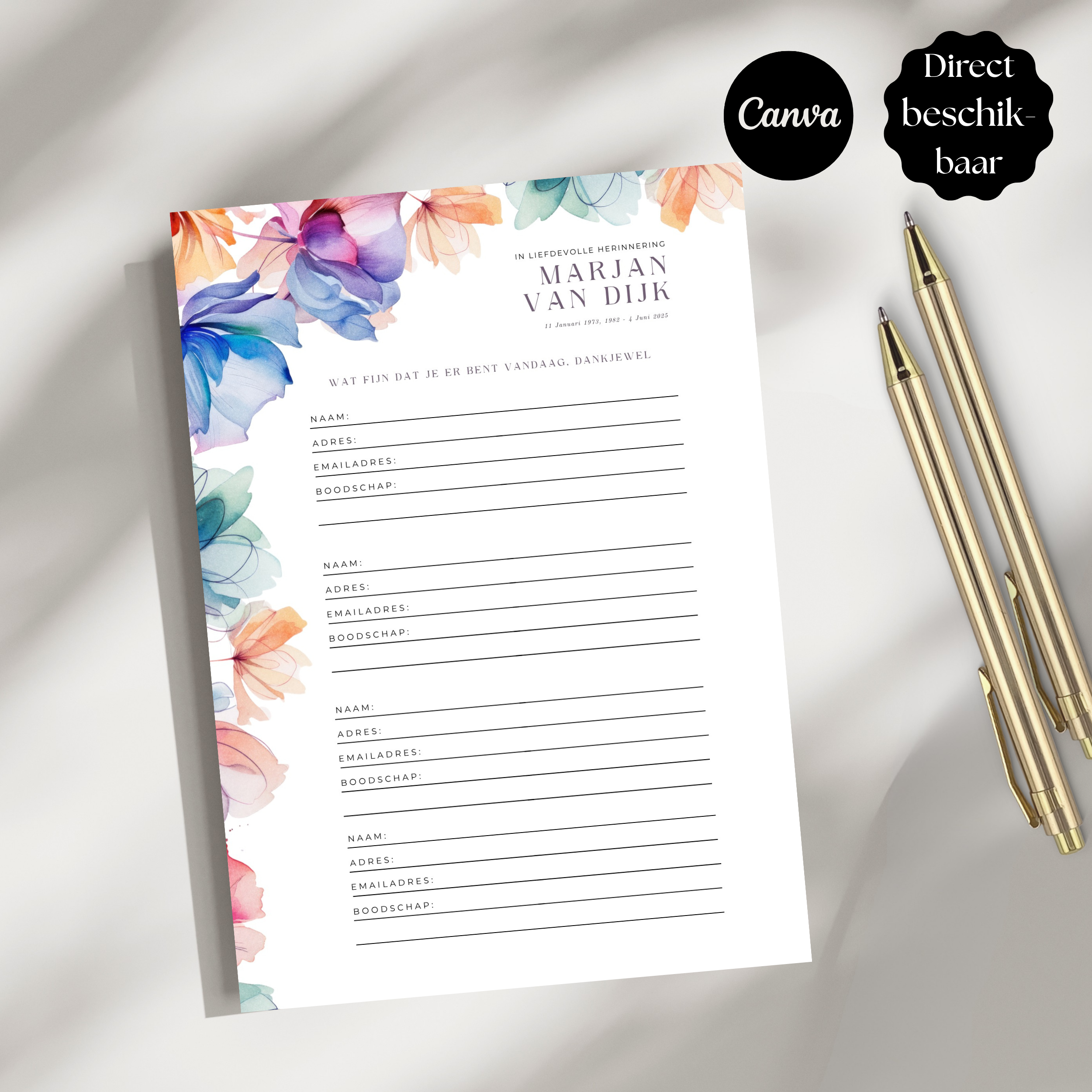 Gastenregister uitvaart kleurrijke bloemen