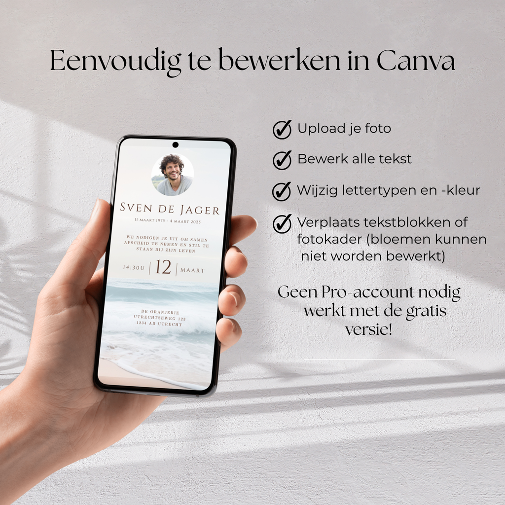 Bewerkbare digitale rouwkaart template in Canva